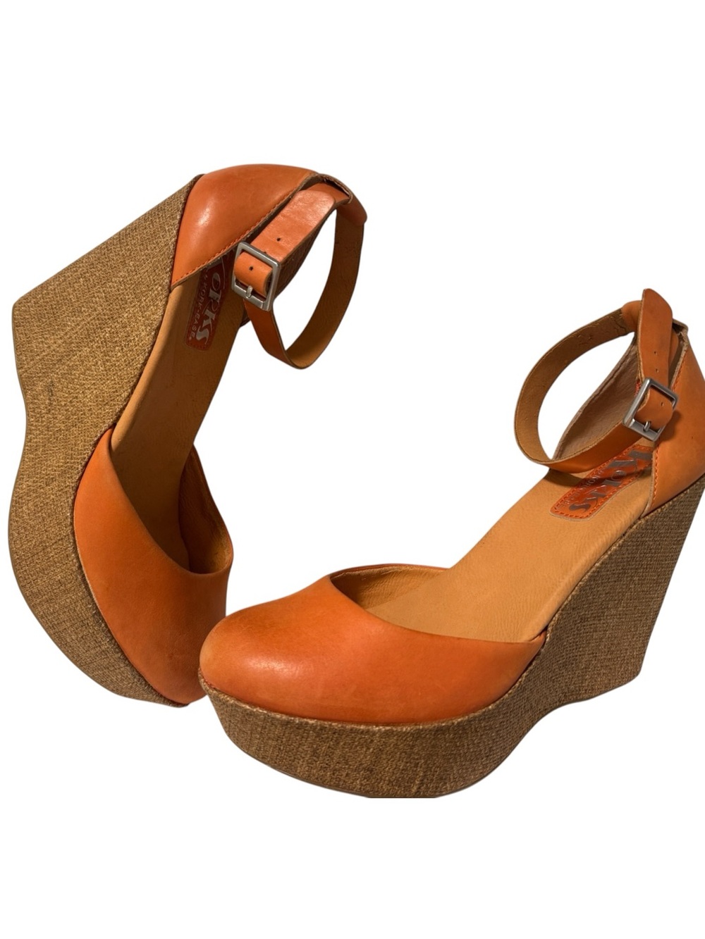 Kork-Ease Orange Leather Platform Wedge Ankle Strap Shoes Size 9/40
